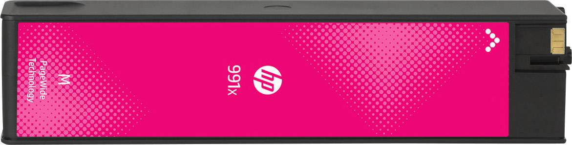 'Cartuccia d'inchiostro HP 991XL Magenta, rettangolare, con motivo a punti e logo HP al centro, idonea per stampanti HP.'