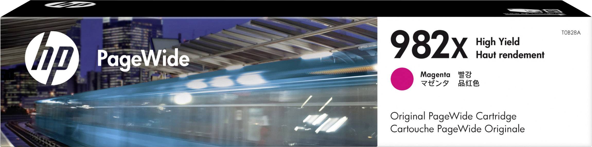'Cartuccia d'inchiostro HP PageWide 982X, alta resa, Magenta. L'immagine mostra un movimento veloce di un treno durante la notte con skyline sfocata.'