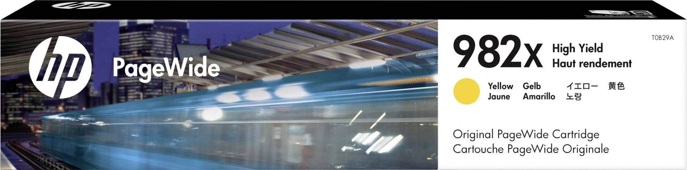 'Cartuccia d'inchiostro HP PageWide 982X ad alta capacità in Giallo. La confezione mostra un treno sfocato e la skyline urbana sullo sfondo.'