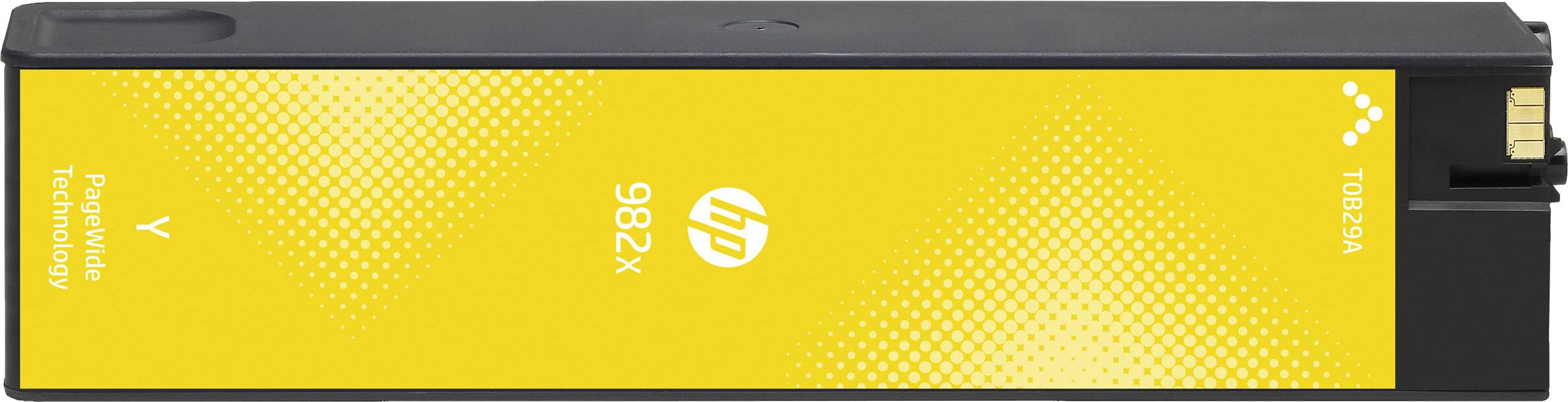 'HP 982X Giallo Cartuccia di Inchiostro, alta resa per stampanti. Involucro nero con adesivo giallo e logo HP.'