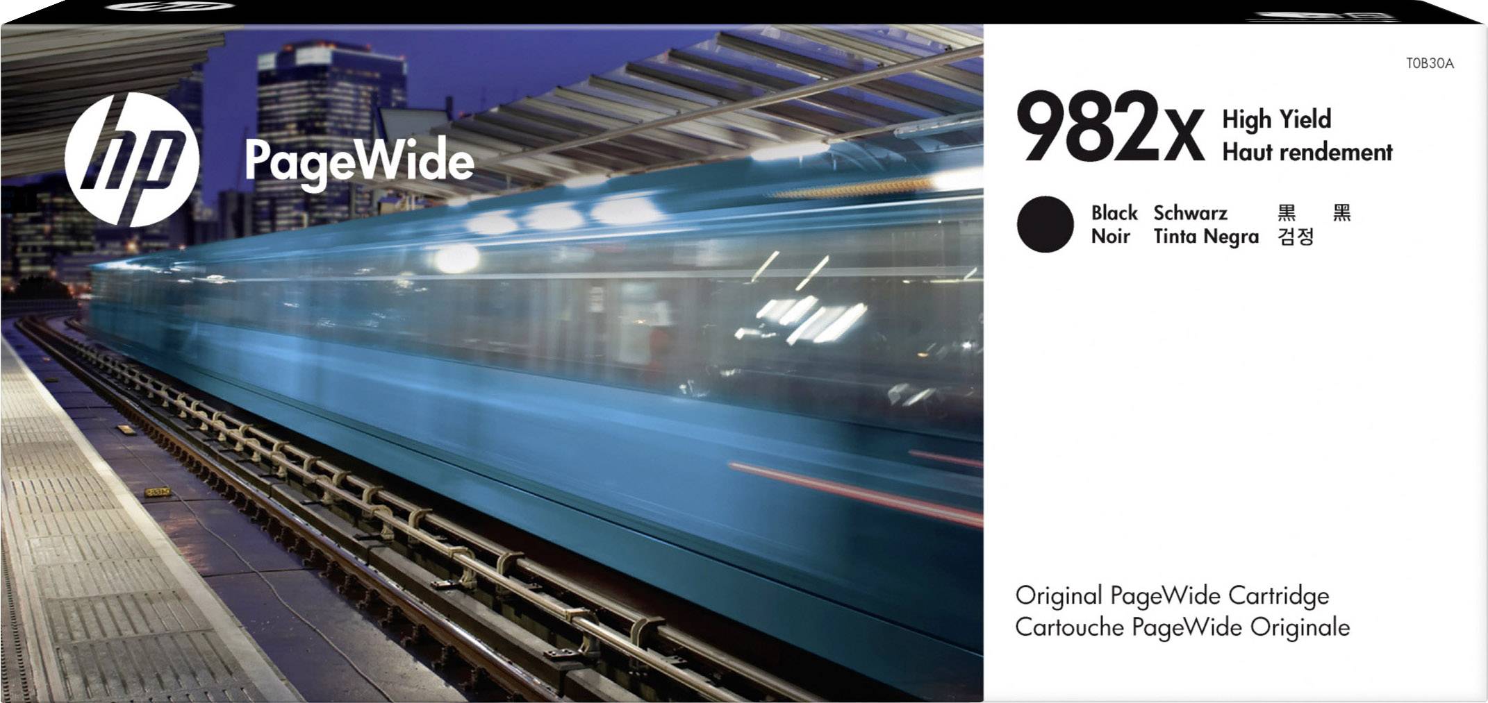 Una confezione di cartucce HP PageWide con '982X High Yield' in colore nero. L'immagine mostra un treno in movimento su un binario.