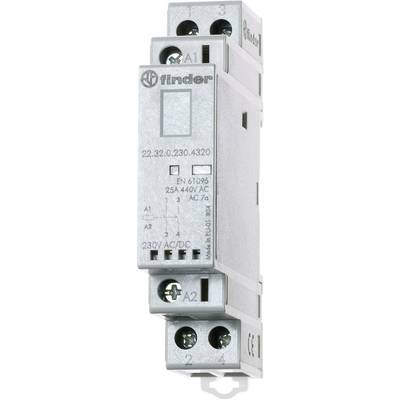 Un modulo relè Finder con numero di modello 22.32.0.230.4320, idoneo per 230V AC/DC e 25A, tipicamente utilizzato per il controllo di carichi elettrici negli armadi elettrici.