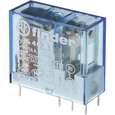 Un relè elettromeccanico blu con la scritta 'Finder Tipo 40.61', 16A 250V~, mostra i componenti interni e i piedini di connessione.