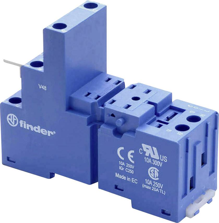 Un supporto per relè elettrico blu del marchio 'finder', idoneo per 10A e 250V. Involucro con marcature e connessioni visibili dall'alto.
