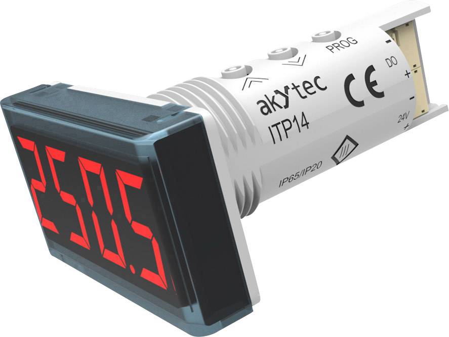 Display digitale con numero rosso '2505' che indica un valore misurato. Dispositivo con marchio CE, ID modello 'ITP14', grado di protezione IP65/IP20.