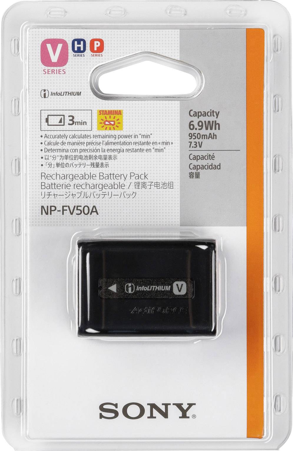 Confezione di una batteria Sony NP-FV50A. Capacità: 6,9 Wh, 950 mAh, 7,3 V. Adatta per la serie V, con informazioni in più lingue.