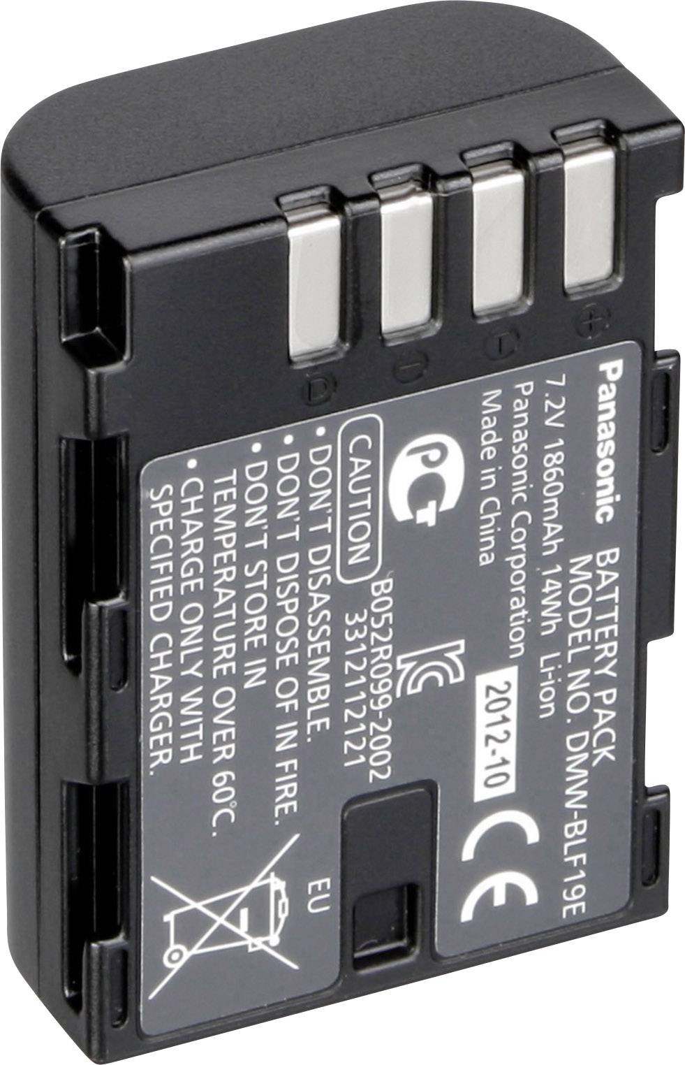 Batteria ricaricabile Panasonic per fotocamera da 7,2V, 1860mAh. Contiene avvertenze: non smontare, non gettare nel fuoco.