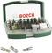 Un contenitore verde aperto con diversi inserti per cacciavite, tra cui inserti a croce, a taglio e esagonali. Sopra è riportato il marchio 'BOSCH'.