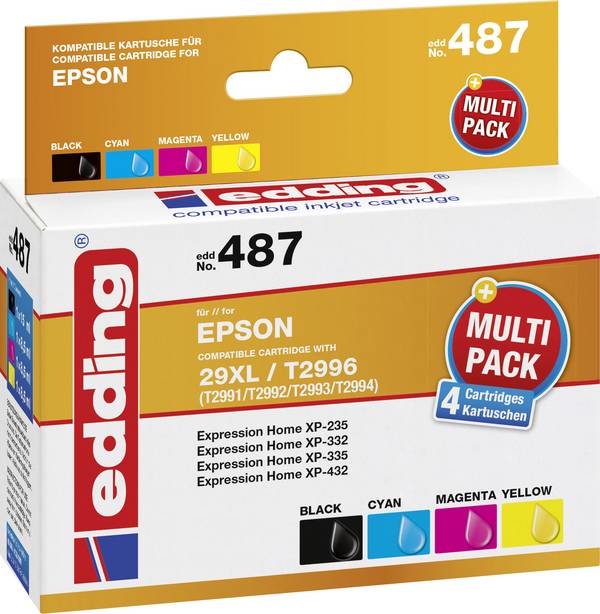 Cartuccia Edding Compatibile sostituisce Epson 29XL, T2996, T2991, T2992, T2993, T2994 Imballo multiplo Nero, Ciano, Magenta, Giallo EDD-487 18-487