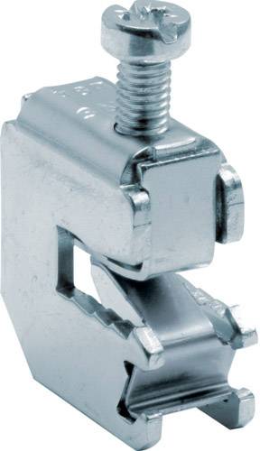Morsetto metallico a C con vite, comunemente utilizzato per il fissaggio su elementi strutturali negli impianti elettrici.