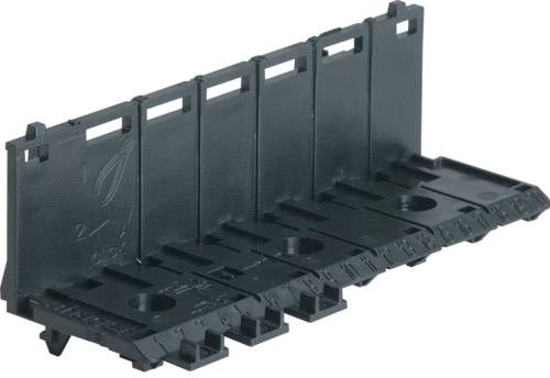 Supporto nero in plastica con cinque fessure verticali per il montaggio o il fissaggio di componenti elettrici.