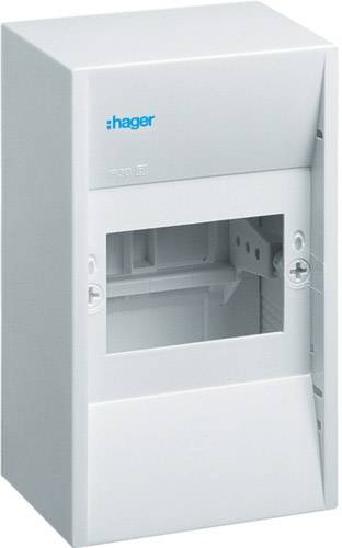 'Contenitore vuoto Hager per installazioni elettriche, colore bianco, forma rettangolare con coperchio trasparente, adatto per pareti interne.'