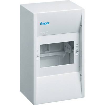 'Contenitore vuoto Hager per installazioni elettriche, colore bianco, forma rettangolare con coperchio trasparente, adatto per pareti interne.'