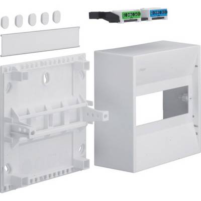 Custodia in plastica per componenti elettrici con vano aperto. Include piastra di montaggio, listello di copertura e piccoli accessori.