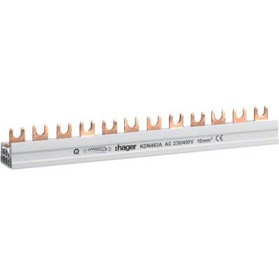 Un sistema di barre collettive Hager, modello KDN465A, per AC 230/400V, 10 mm², con morsetti in rame per la distribuzione elettrica.