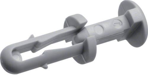 Tassello in plastica grigio con testa rotonda e due ali laterali per fissare oggetti leggeri alle pareti.