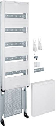 Coperchio bianco per quadro elettrico con cornice integrata, frontale rimovibile e materiale di montaggio per l'installazione.