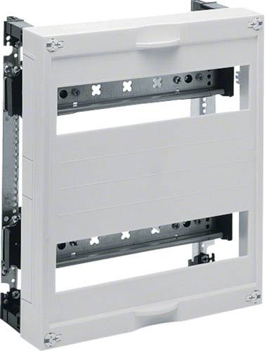 Un armadio elettrico bianco, rettangolare, con traverse metalliche aperte e scomparti per impianti elettrici. Adatto per il montaggio a parete.