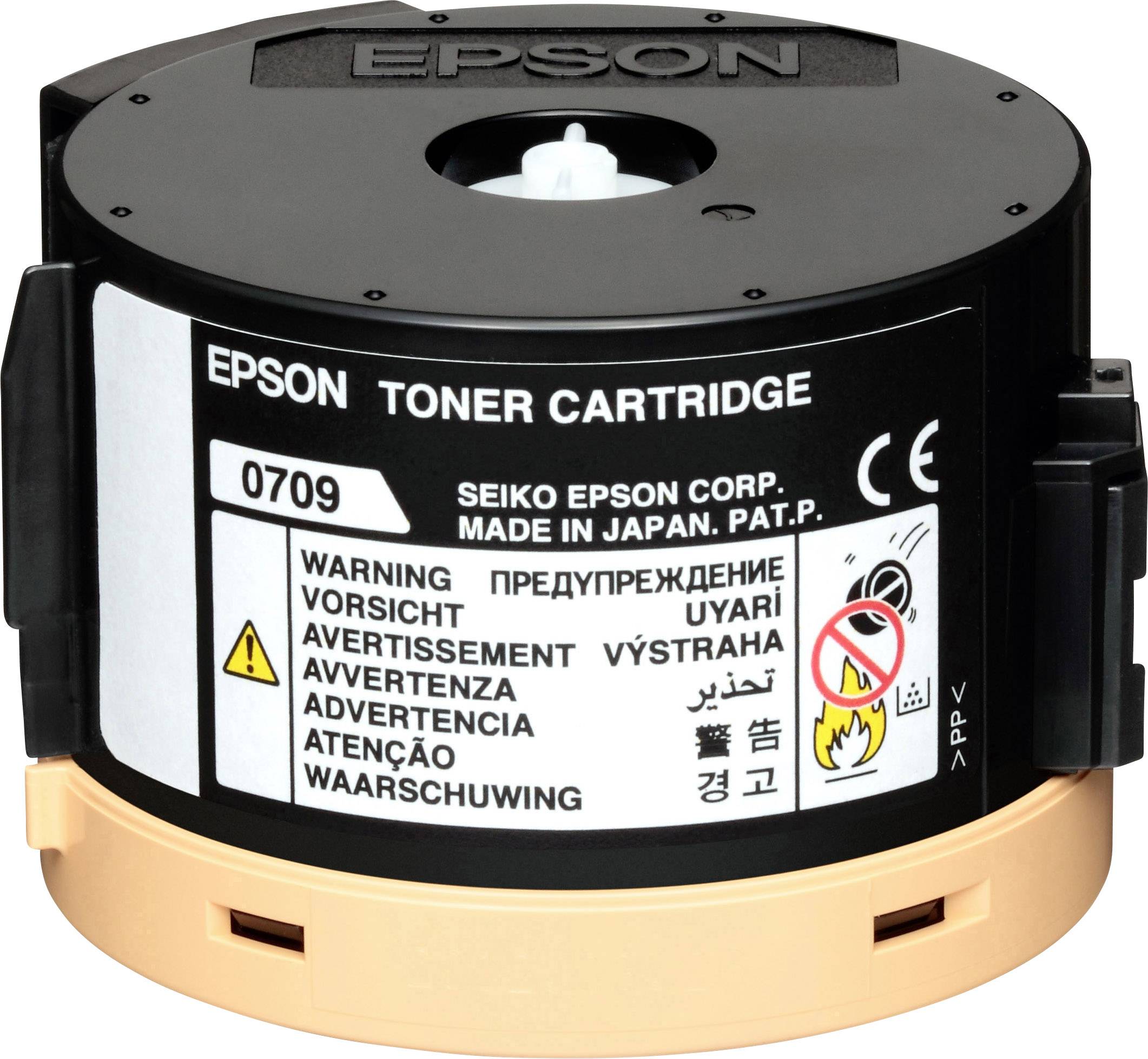 Un cartuccia di toner Epson con avvertenze in più lingue sull'etichetta, adatta per stampanti, prodotta in Giappone.