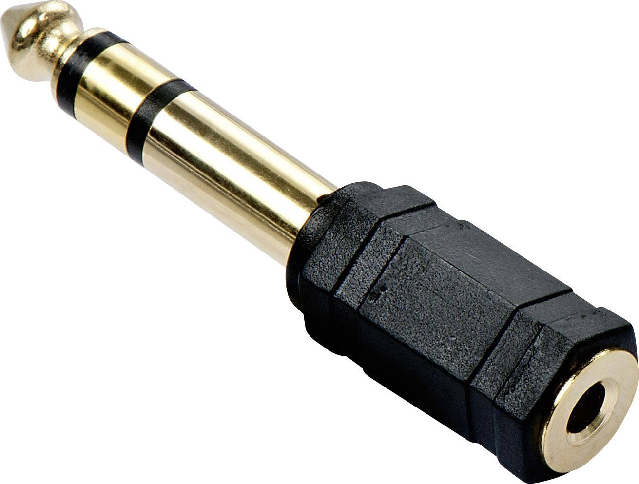 Un connettore jack dorato da 6,35 mm con un involucro esagonale nero in plastica.