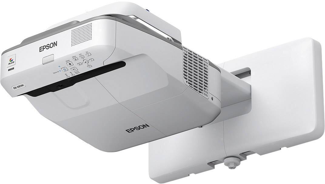 Un proiettore bianco Epson montato a parete. Ideale per presentazioni e home cinema.