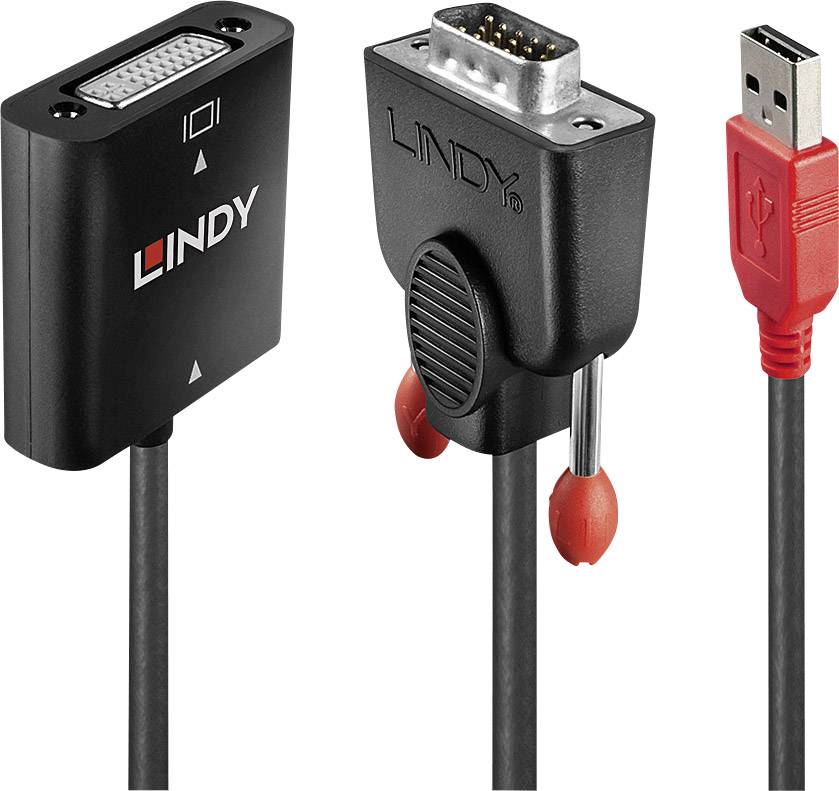 Un cavo adattatore con connettori DVI, VGA e USB viene mostrato. Adatto per collegare computer a display o proiettori.
