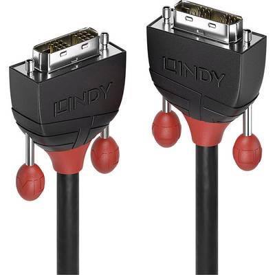 Due cavi video neri e rossi con connettori DVI di Lindy, che mostrano la vista frontale con viti di supporto e marcatura.