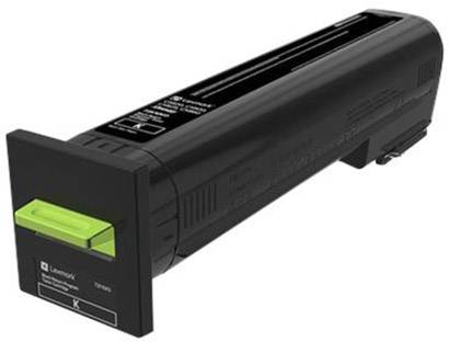 Una cartuccia di inchiostro nera con un contrassegno verde e la scritta 'Lexmark'. Adatta per stampanti laser.