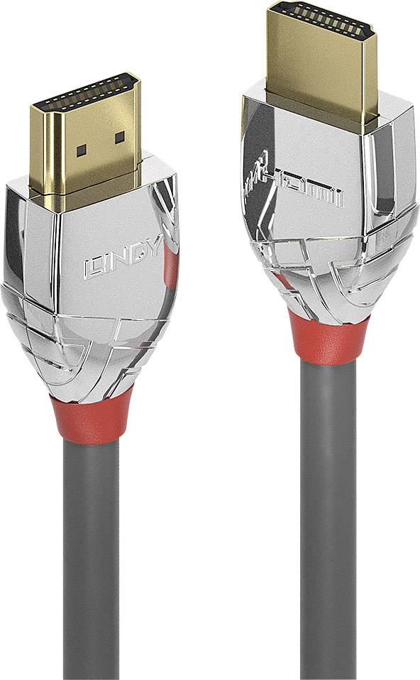 Due spine HDMI argentate con inserti rossi e cavo nero, adatte per connessioni video e audio ad alta risoluzione.