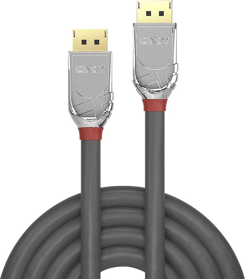 Un cavo DisplayPort grigio con due connettori dorati.