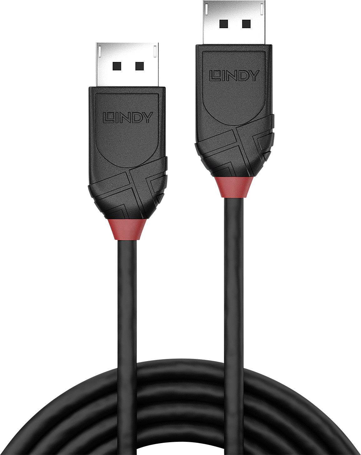 Cavo DisplayPort nero con due connettori, ciascuno con dettaglio rosso nel punto di giunzione con la guaina esterna. Marca 'Lindy'.