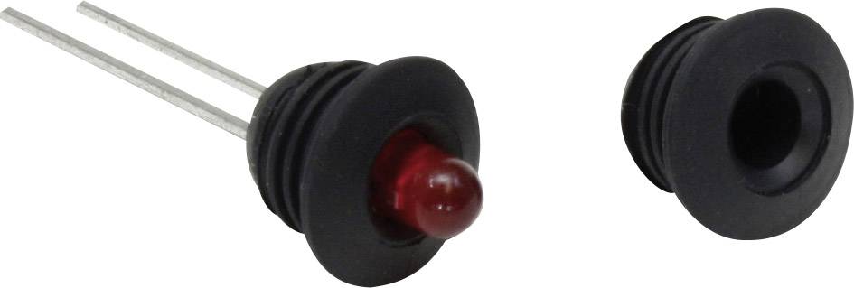 Due componenti: a sinistra un LED rosso in un supporto nero con due connettori, a destra un supporto nero vuoto.