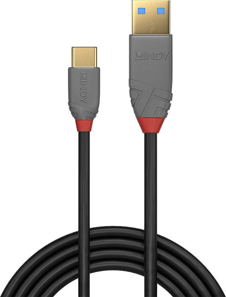 Cavo USB con connettori USB-C e USB-A, involucro grigio con accenti rossi, nome del marchio raffigurato su entrambe le estremità.