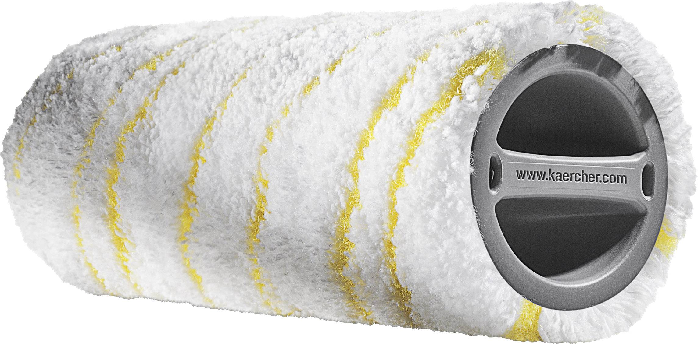 Un accessorio di rullo per pulizia bianco con strisce gialle e estremità in plastica grigia, adatto per macchine per la pulizia dei pavimenti.