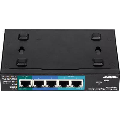 Switch di rete con cinque porte Ethernet, montato su supporto a parete, idoneo per la connessione di più dispositivi di rete.