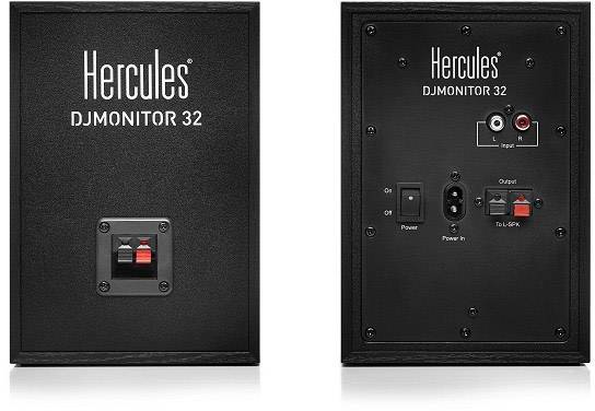 Set di altoparlanti 'Hercules DJMonitor 32', vista frontale e posteriore. Mostra le connessioni, l'interruttore di accensione e i comandi del volume.