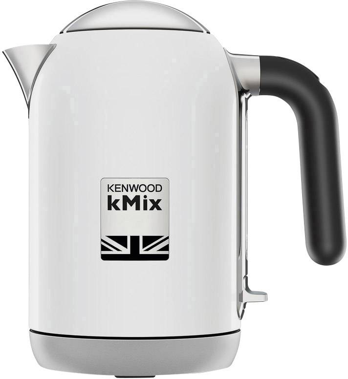 Bollitore bianco con manico nero, marchio 'Kenwood kMix' e bandiera britannica sul lato anteriore.