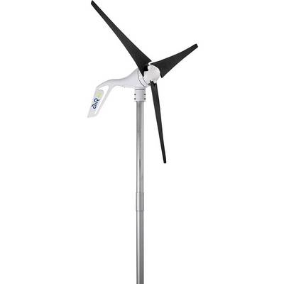 Una piccola turbina eolica con tre pale rotoriche nere su un palo metallico, idonea per l'utilizzo in aree residenziali o impianti di piccole dimensioni.