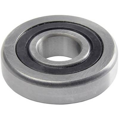 Un cuscinetto a sfera cilindrico in metallo color argento con anello interno nero, poggiante su una superficie bianca.