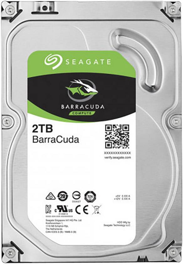 Hard disk Seagate da 2TB, modello 'BarraCuda', raffigurato. Involucro argentato con etichetta verde e bianca.