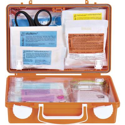 Kit di pronto soccorso di emergenza con forbici e vari materiali per medicazione in una scatola aperta di plastica arancione.