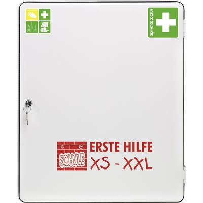 Un armadietto bianco per il primo soccorso con stampe rosse 'SCUOLA Primo Soccorso XS-XXL'. Simboli verdi per cassette di pronto soccorso in alto.
