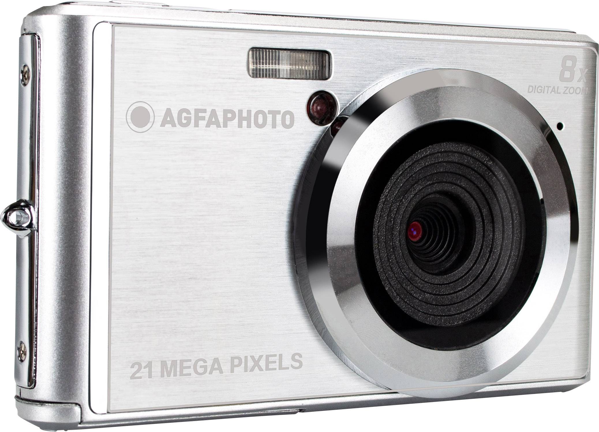 Fotocamera digitale argentata con 21 megapixel e zoom digitale 8x, vista frontale che mostra obiettivo e flash.