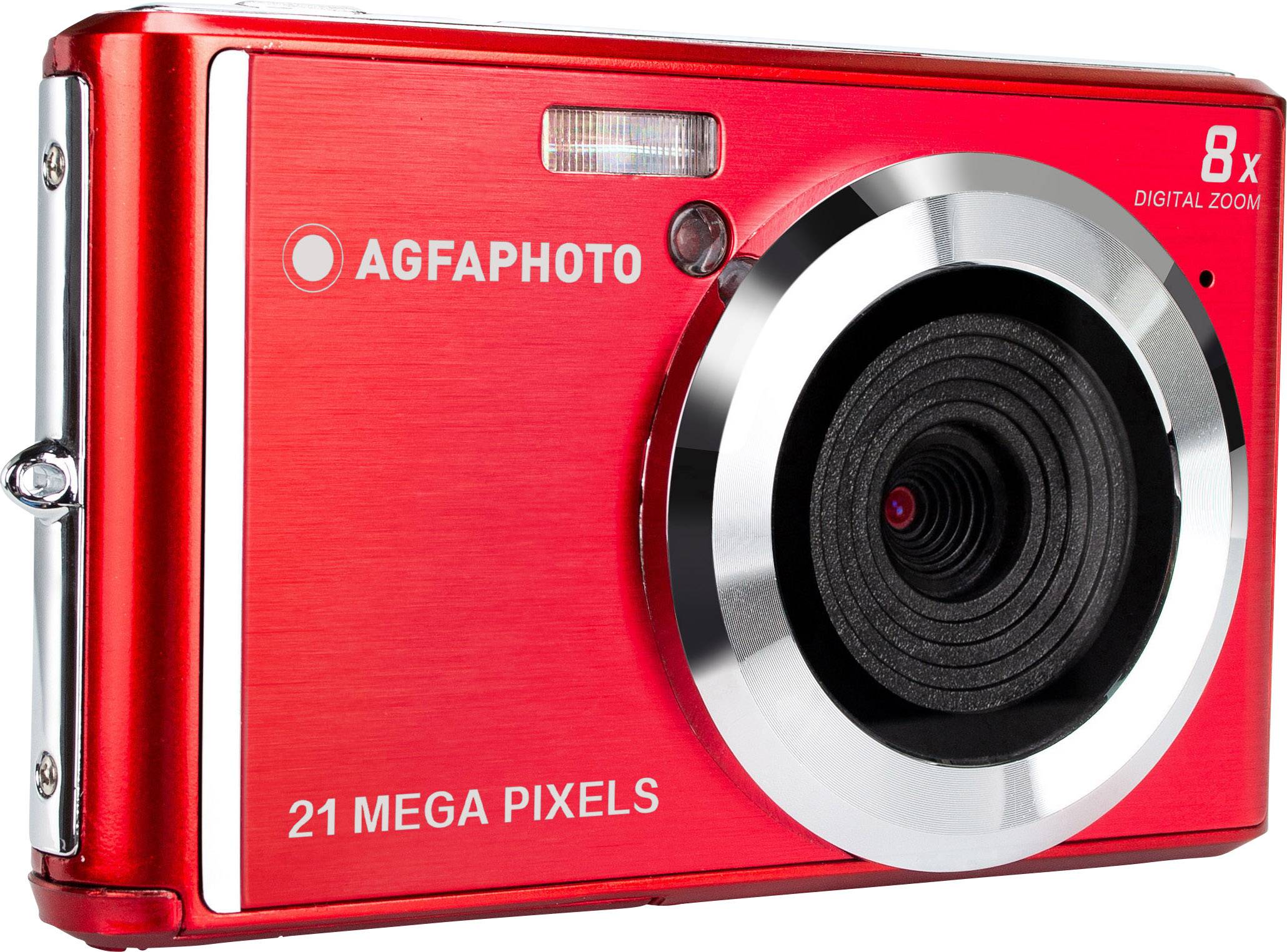 Fotocamera digitale rossa con scritta 'AGFAPHOTO', 21 megapixel e zoom digitale 8x. Messa a fuoco sull'obiettivo e il flash.