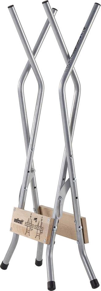 Uno sgabello pieghevole in argento con quattro gambe metalliche incrociate e un sedile in legno.