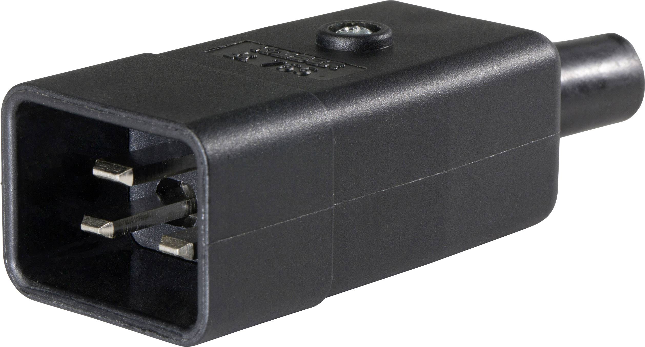 Connettore elettrico nero con involucro rettangolare e perni metallici, vite laterale per il fissaggio.