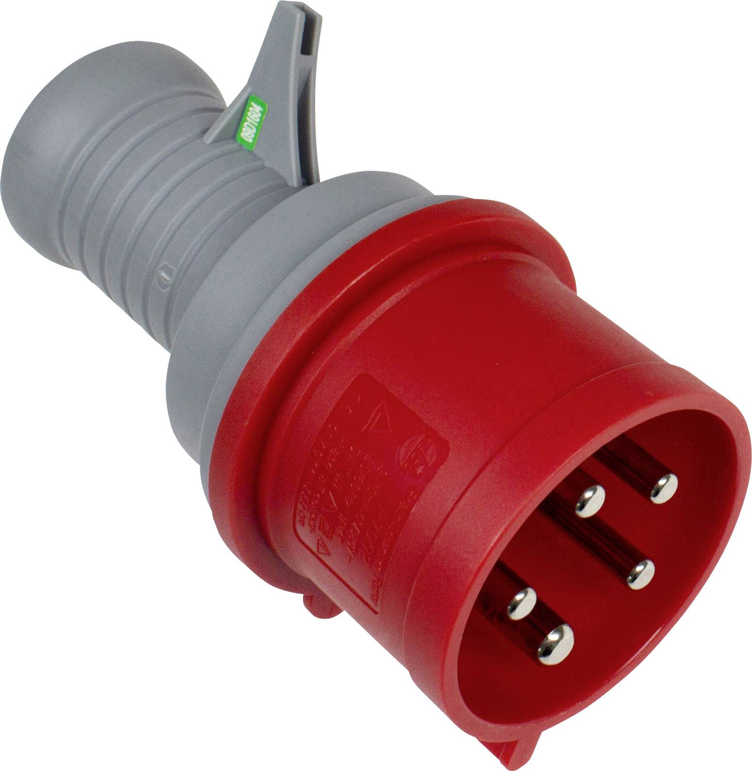 Presa industriale CEE standard con connessione cavo grigia, sullo sfondo un'etichetta verde.