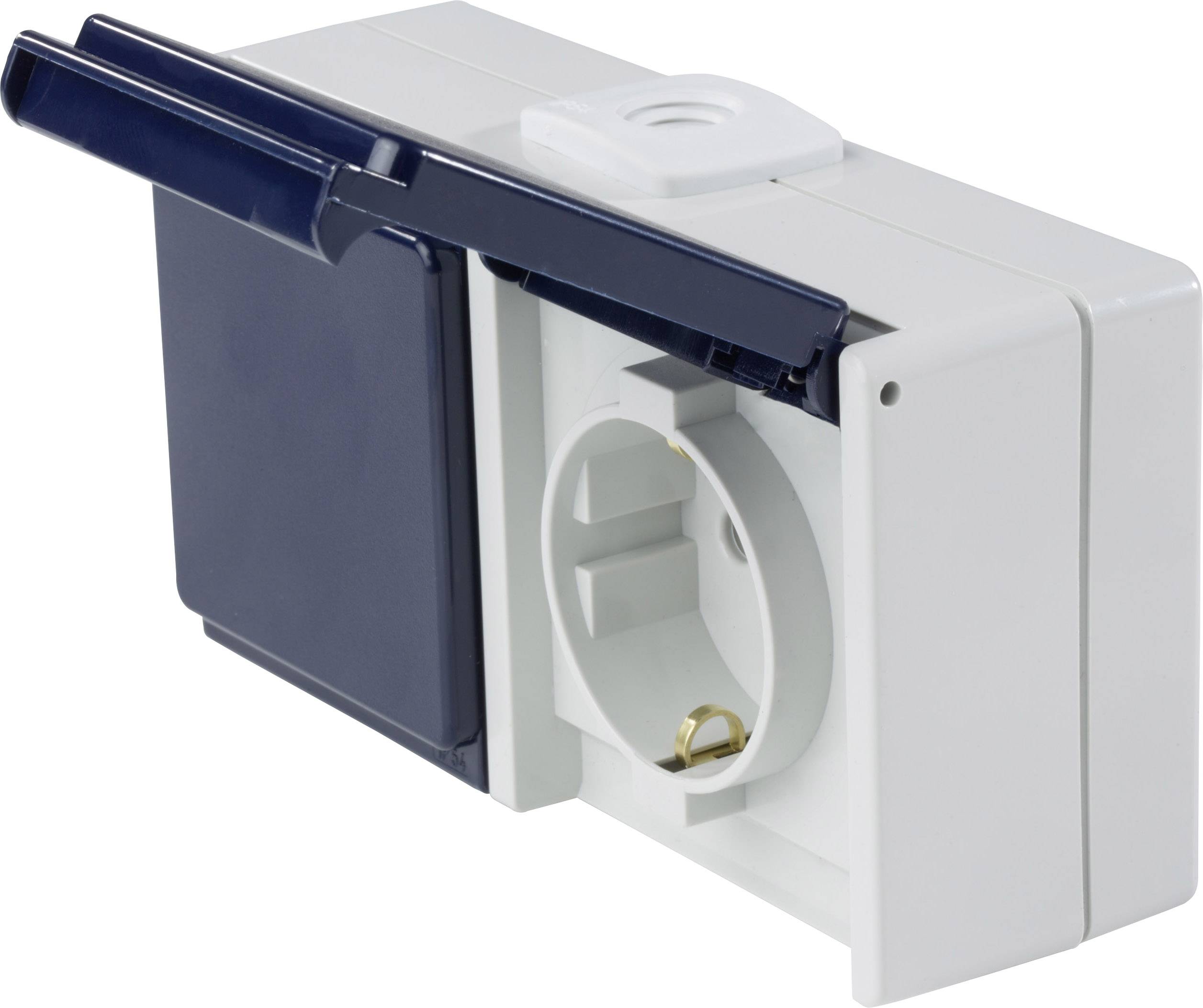 Presa elettrica esterna bianca con coperchio blu, aperta e priva di spina. Adatta per ambienti esterni, design resistente alle intemperie.