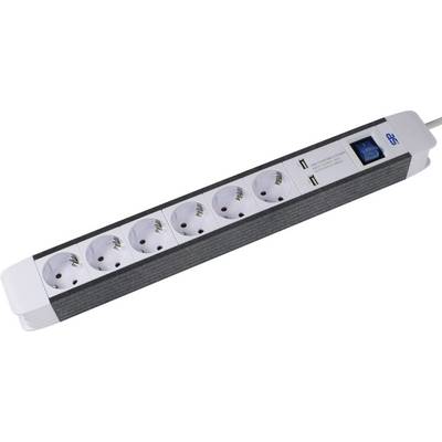 Multipresa con sei prese Schuko e due porte USB, adatta per collegare più dispositivi.
