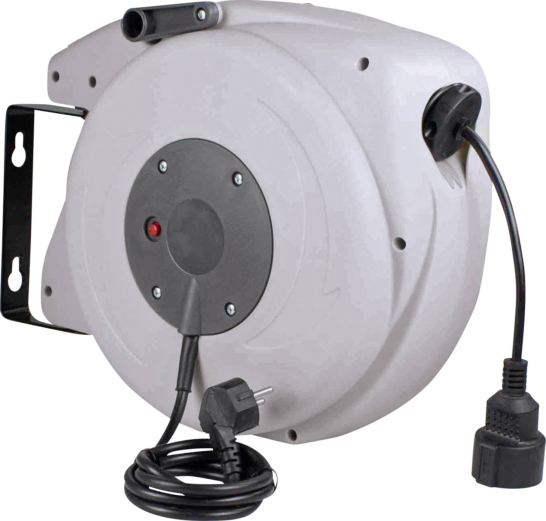 Avvolgicavo automatico con involucro bianco, ideale per riporre e utilizzare comodamente i cavi.